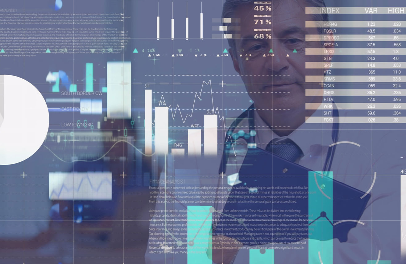 A person surrounded by digital graphs, charts, and data overlays, indicating clinical analysis and trends.