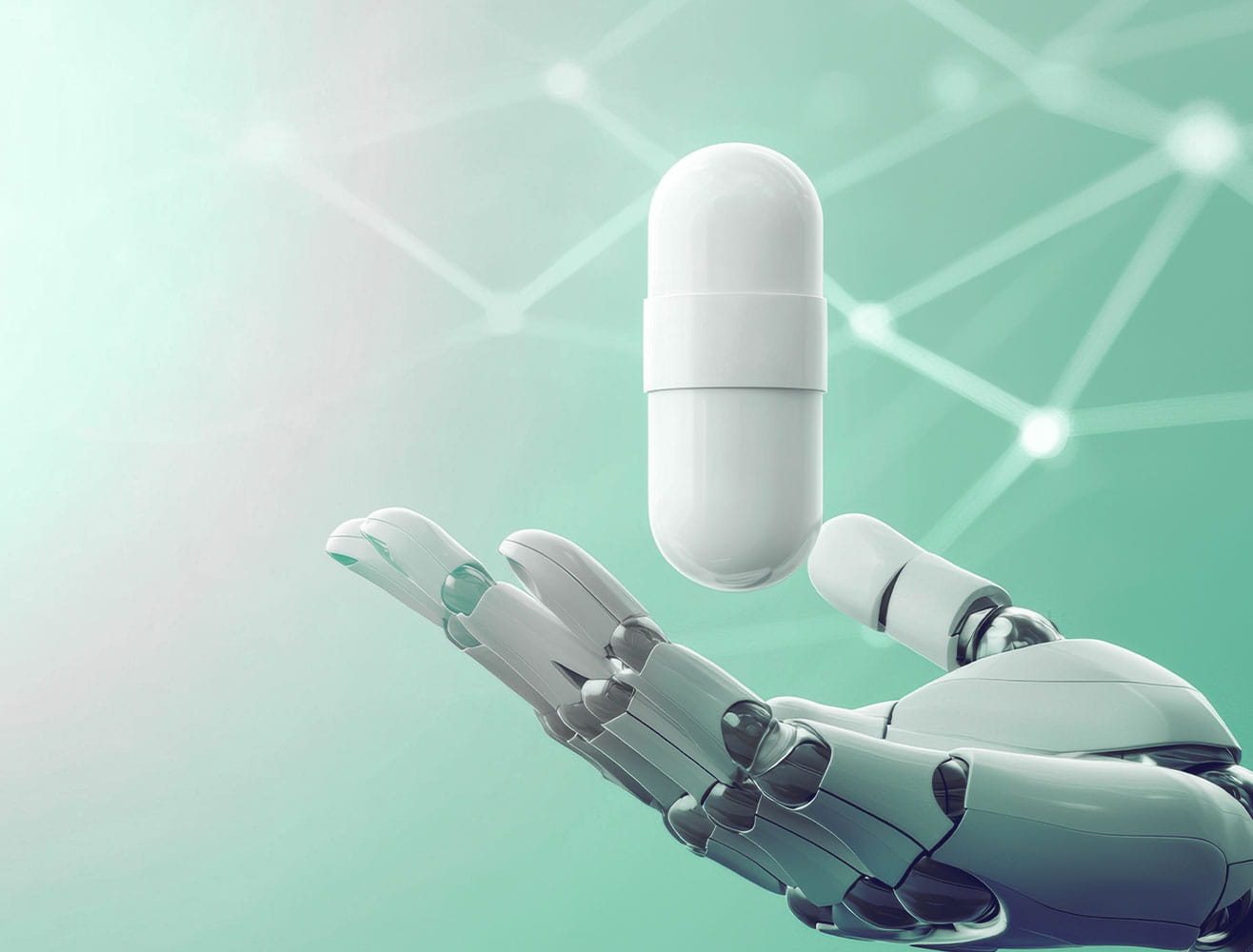 Robotic hand holding a pill signifying AI's influence in drug discovery.