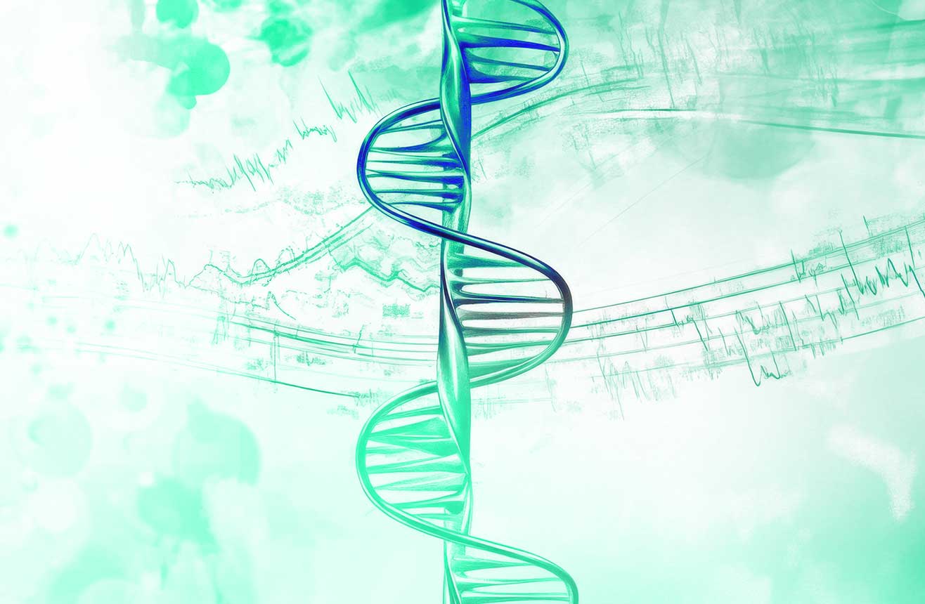 A DNA double helix against a colorful background with music scales.