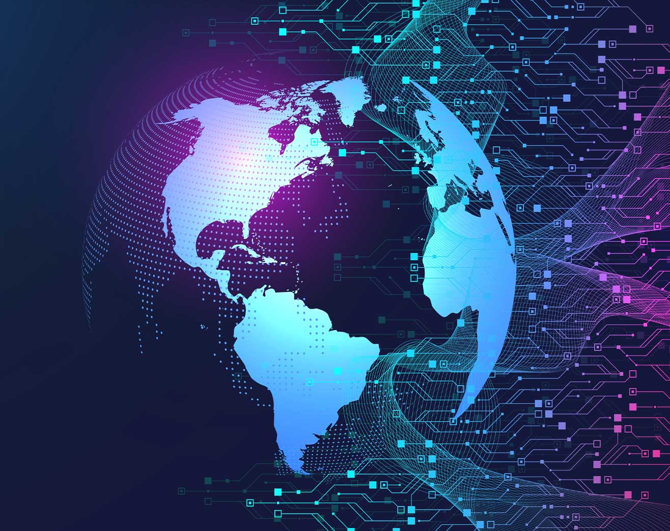 A digital globe with a blue and purple circuit pattern, symbolizing technology and connectivity across the world.