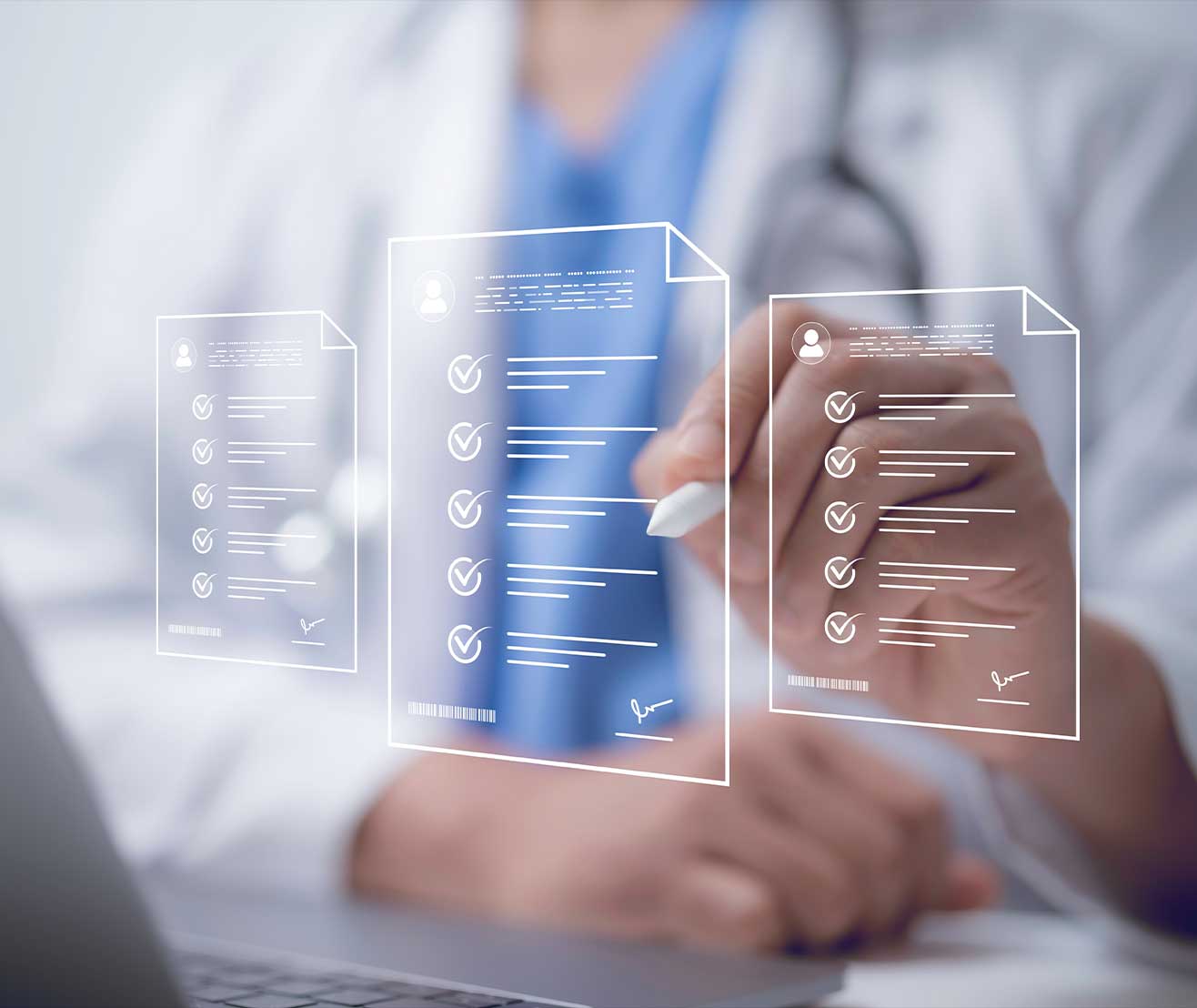 A healthcare professional interacts with digital patient documents displaying checklists.