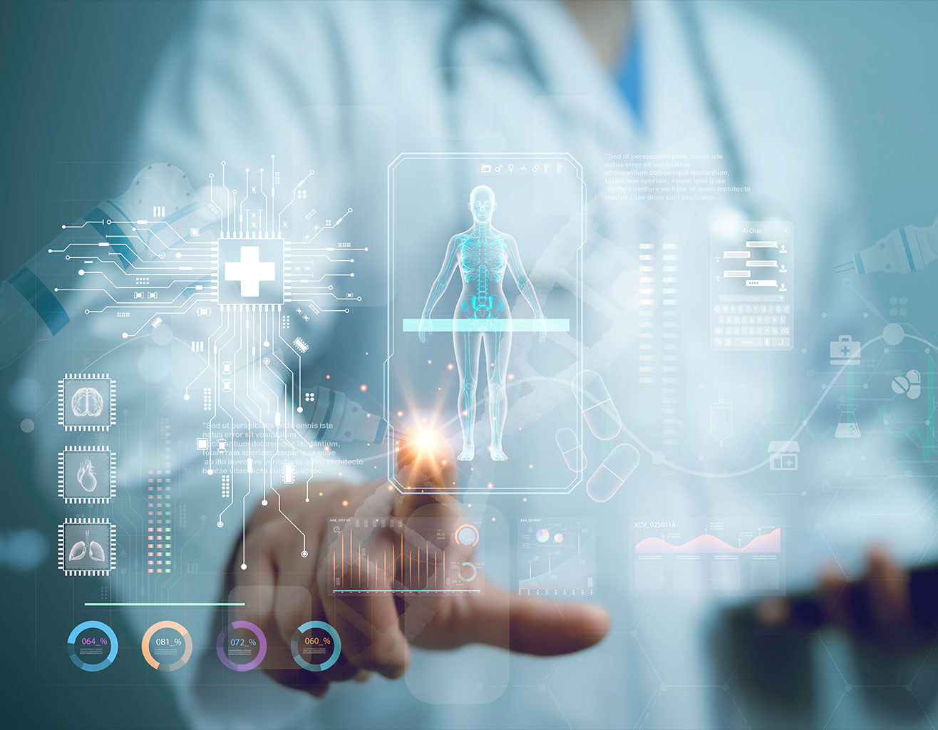 A healthcare professional interacts with a digital holographic interface displaying medical data and a human anatomy model.