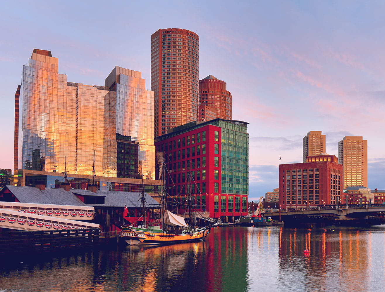 View of the sunrise over the Boston harbor.