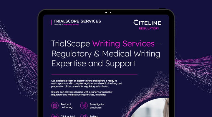 PDF preview of the TrialScope Writing Services product information.