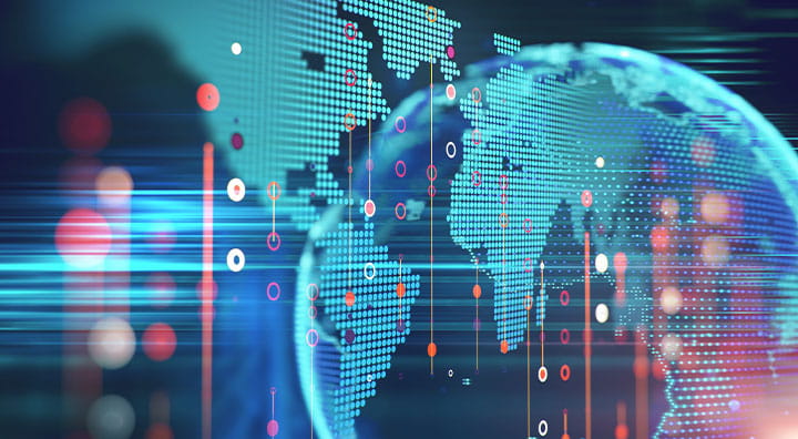 A person interacting with a laptop, surrounded by a digital network of interconnected human icons.