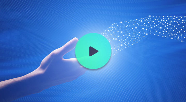 Human hand and hand made of interconnected data points, signifying AI, touching together.