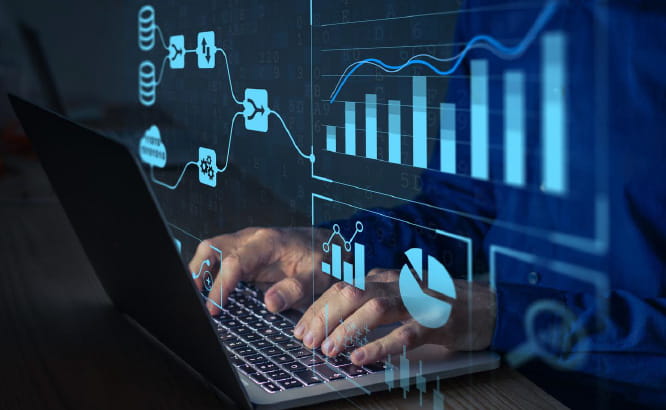 Professional using a laptop device to access Trialtrove for trial insights and strategy.