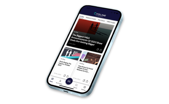 The Citeline News and Insights app displayed on a mobile device.
