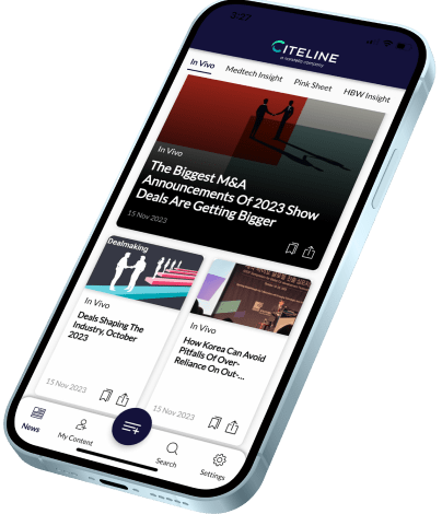 Mobile device with a preview of the upcoming Citeline News and Insights App.
