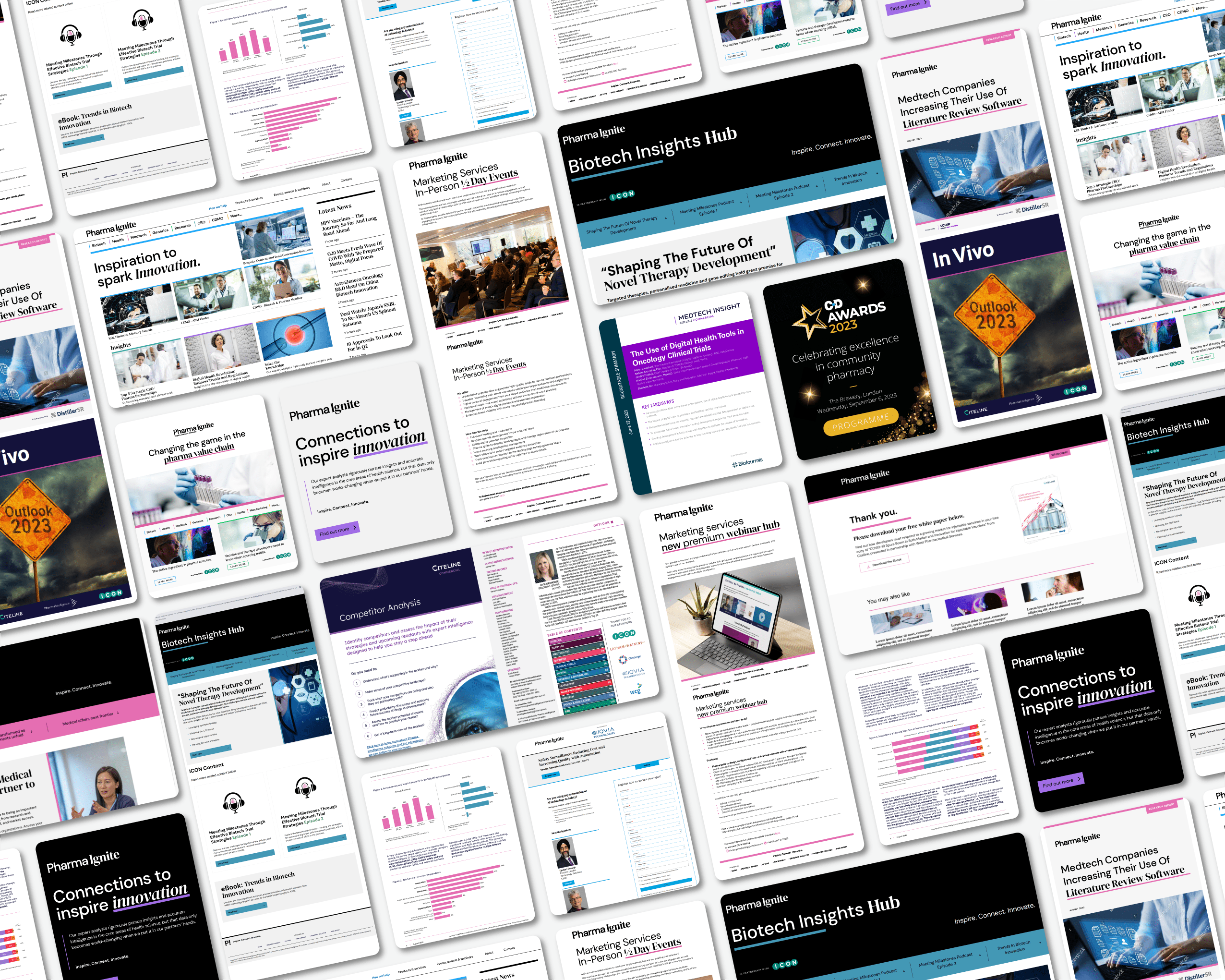 Collage of the various Pharma Ignite marketing capabilities supporting the whole product life cycle.