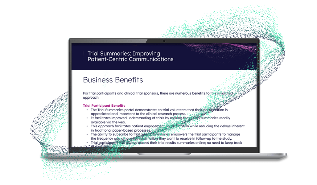 PDF preview of Trial Summaries Improving Patient‐Centric Communications white paper, published by Citeline, in a laptop device.