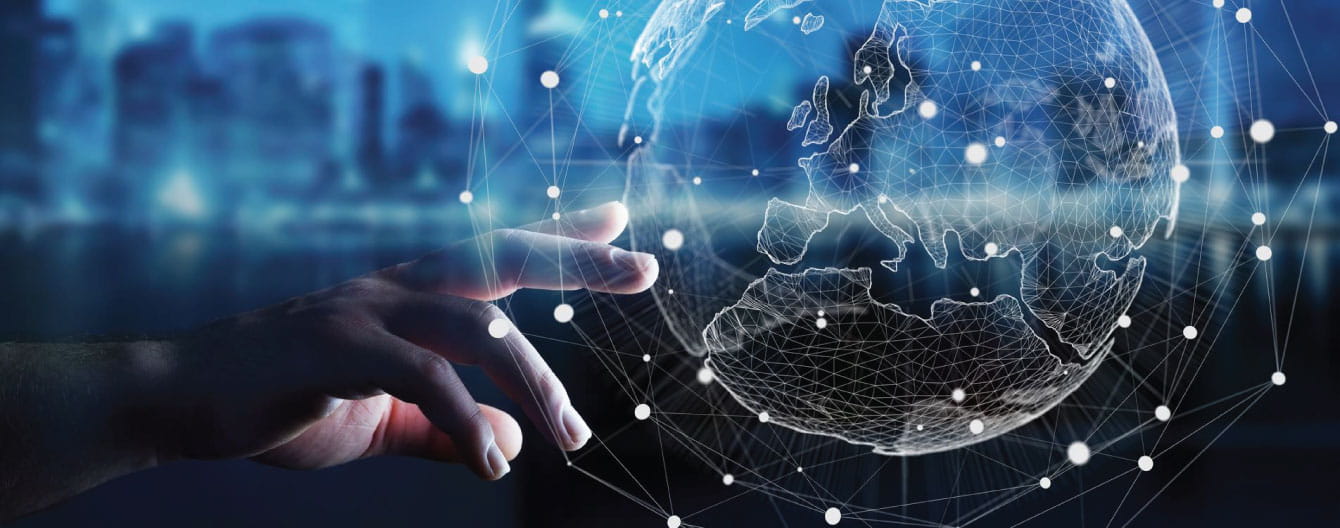 Hand on digital globe exploring the vast data Sitetrove provides globally.