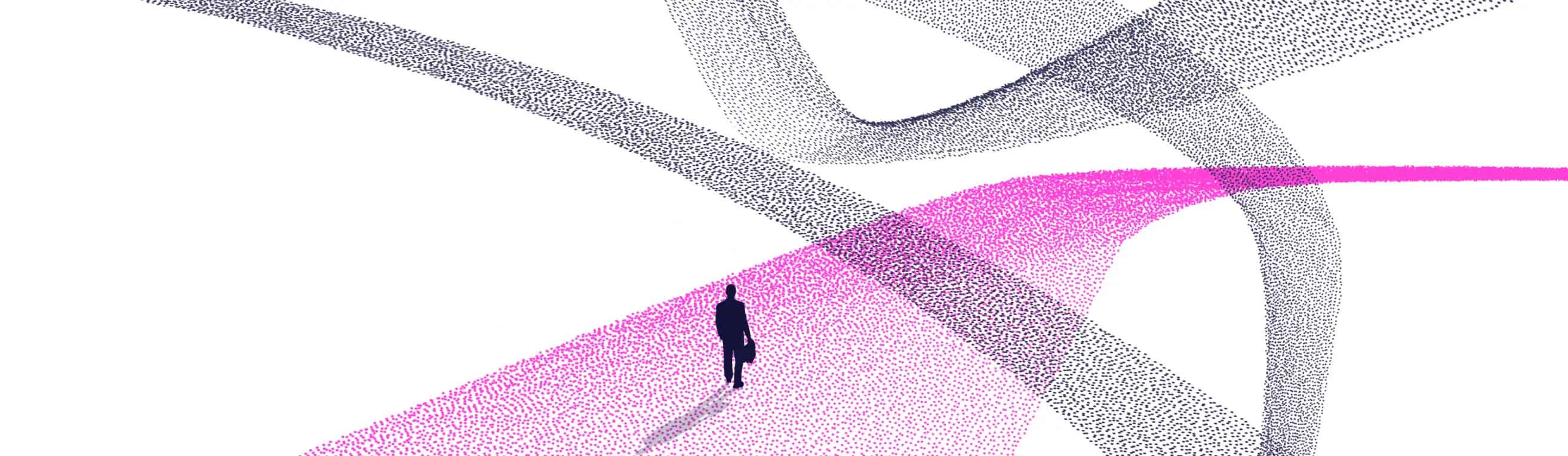 Professional at crossroads with a pink road highlighted as a guide.