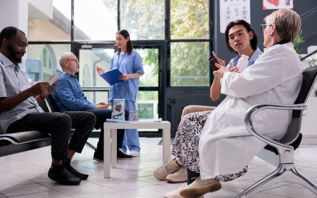 Patients in a waiting room with healthcare professionals.