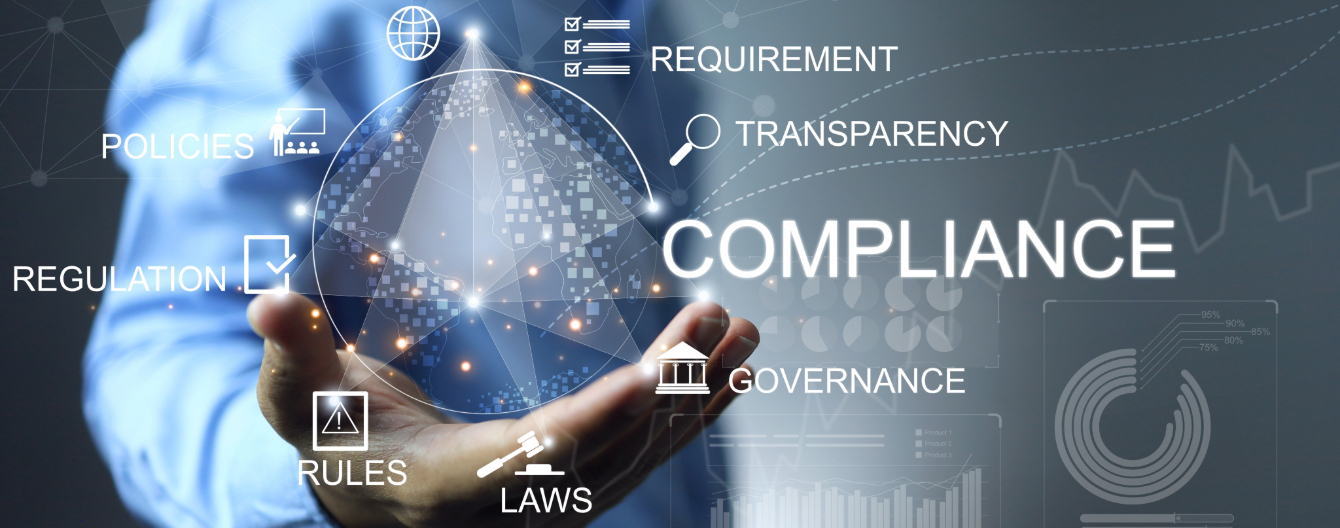 Concept illustration of compliance with a person holding a digital sphere containing terms like compliance, policies, regulation, laws, governance, requirement, transparency, and rules.