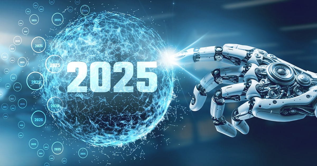 A robotic hand reaches toward a molecule model displaying the year "2025," symbolizing future technology and innovation.