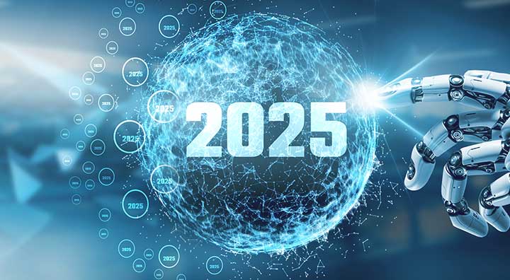 A robotic hand reaches toward a molecule model displaying the year "2025," symbolizing future technology and innovation.