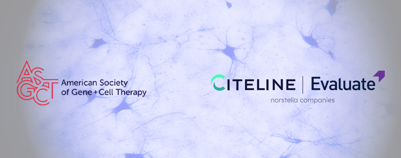 American Society of Gene Cell Therapy and the Citeline Evaluate logo together overlaid a microscope slide background.