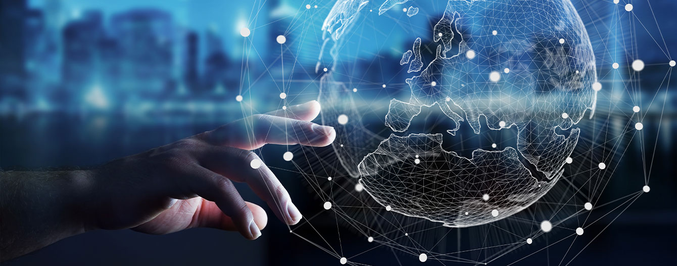 A hand reaches towards a digital globe, connected by lines and nodes.