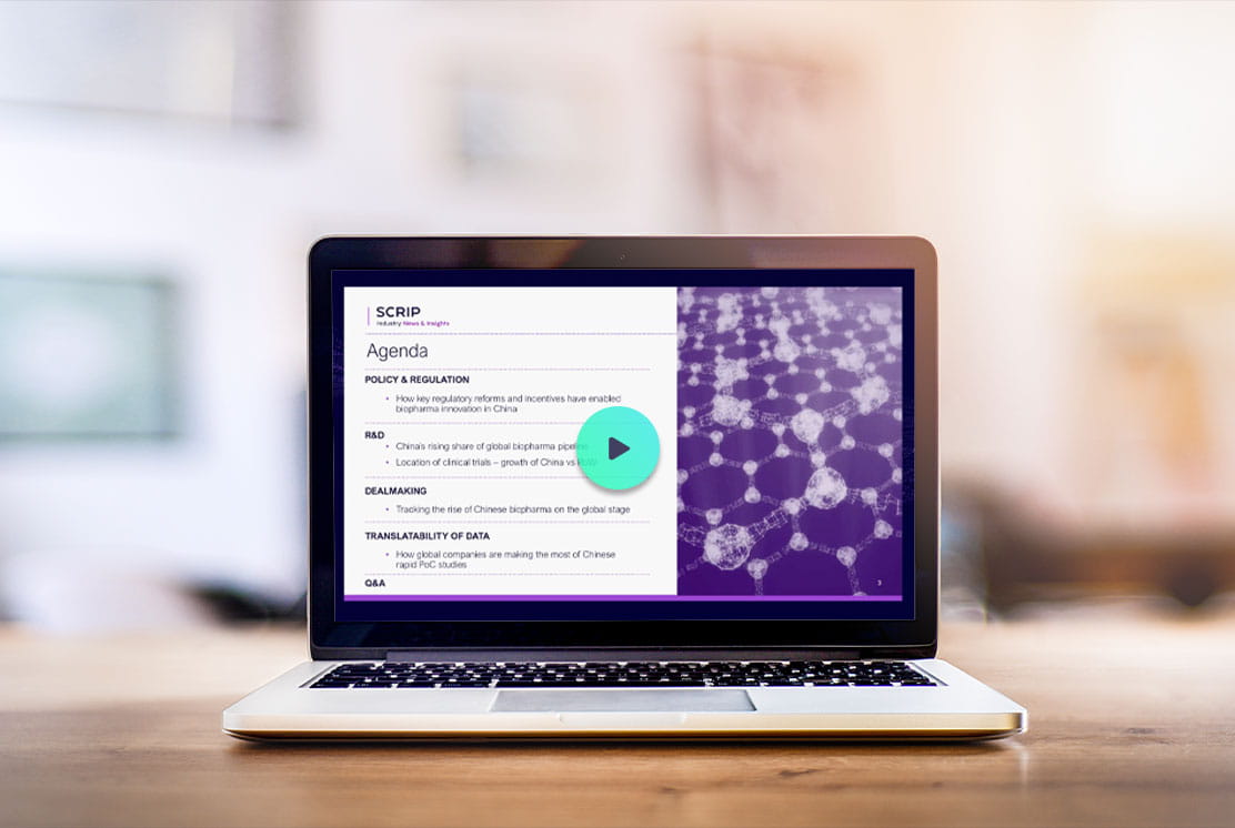 Laptop on a desk with the video preview of the How is China Shaping the Face of the Pharma Industry on screen.