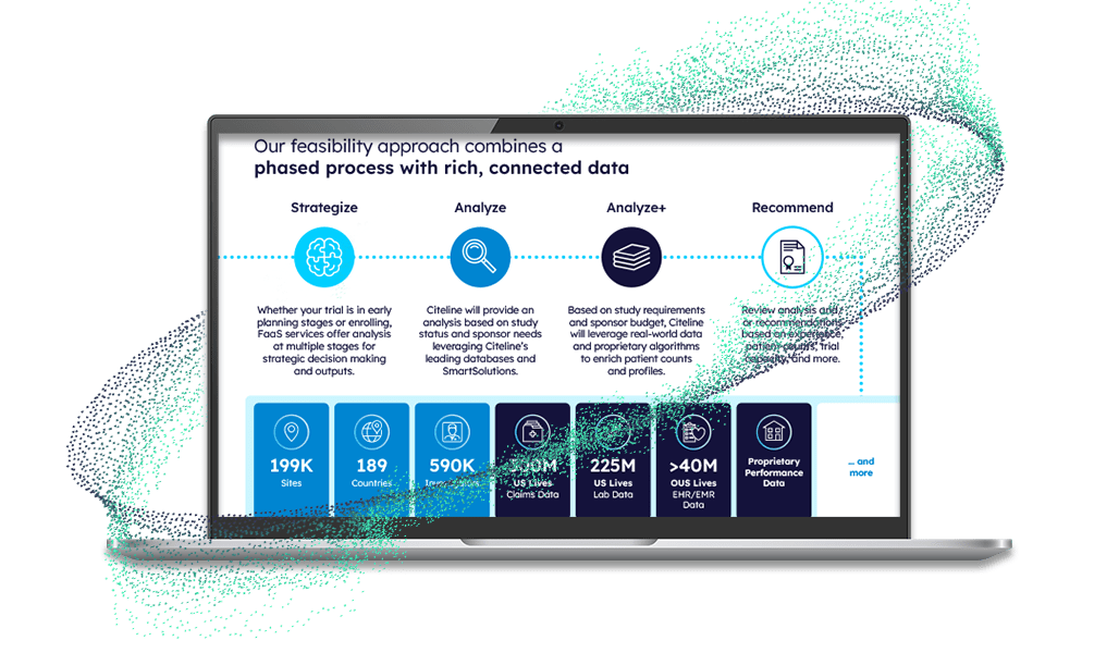 PDF preview of the Feasibility as a Service flyer, provided by Citeline, displayed in a laptop device.