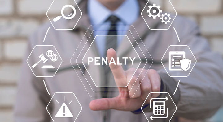A person in a suit points at a digital interface displaying the word "PENALTY" surrounded by legal and analytical icons.