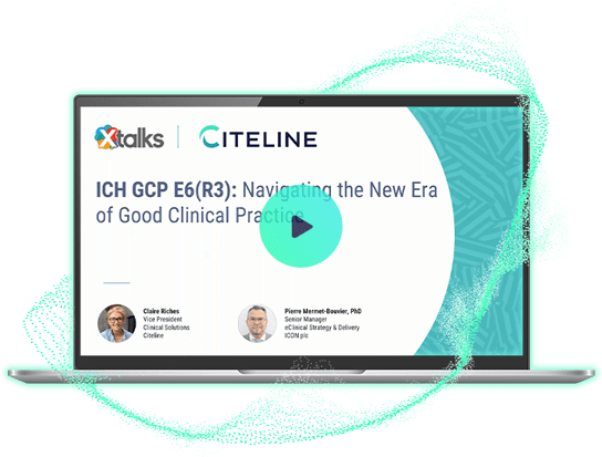Video thumbnail of the Navigating the New Era of Good Clinical Practice webinar on a laptop device. 