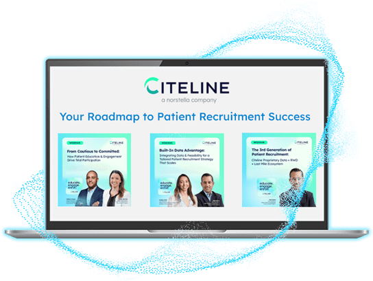 Laptop displaying the Your Roadmap to Patient Recruitment Success webinar series featuring three webinars to choose from.