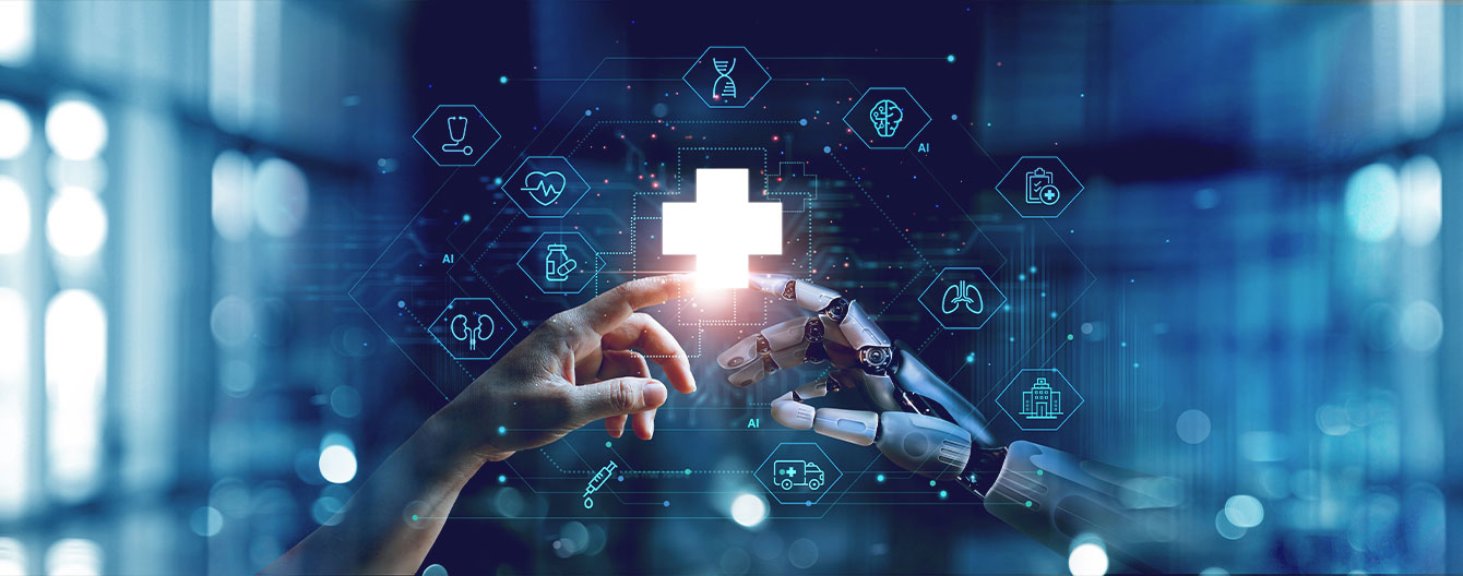 A human hand and a robotic hand reach towards a glowing medical cross, surrounded by various medical related icons.