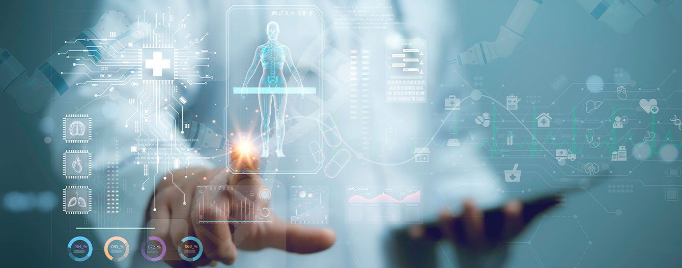 A healthcare professional interacts with digital health data using a touchscreen device.