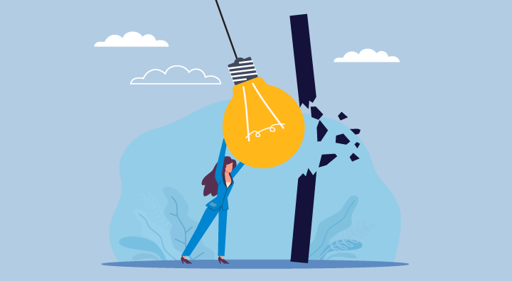 A woman in business attire lifts a large lightbulb, symbolizing innovation, as it breaks a dark barrier, representing obstacles.