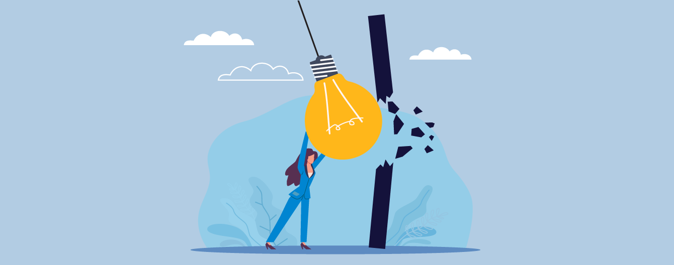 A woman in business attire lifts a large lightbulb, symbolizing innovation, as it breaks a dark barrier, representing obstacles.