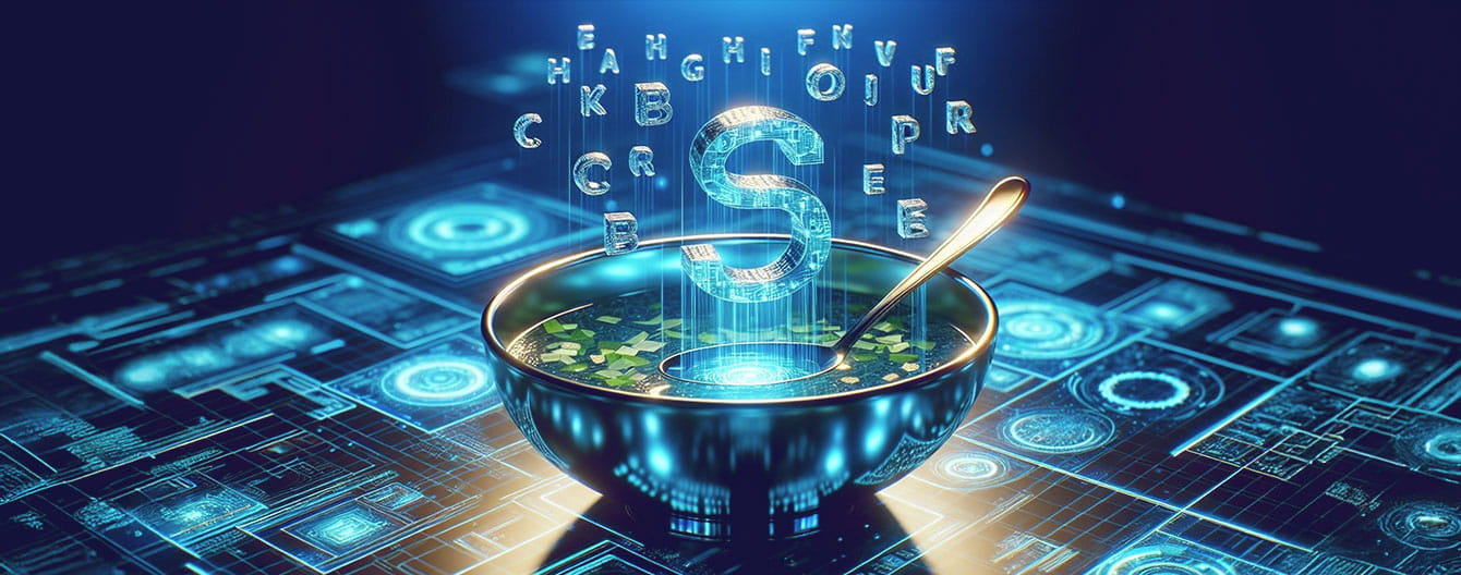 A digital bowl filled with soup, surrounded by floating letters and symbols, all set against a high-tech background.
