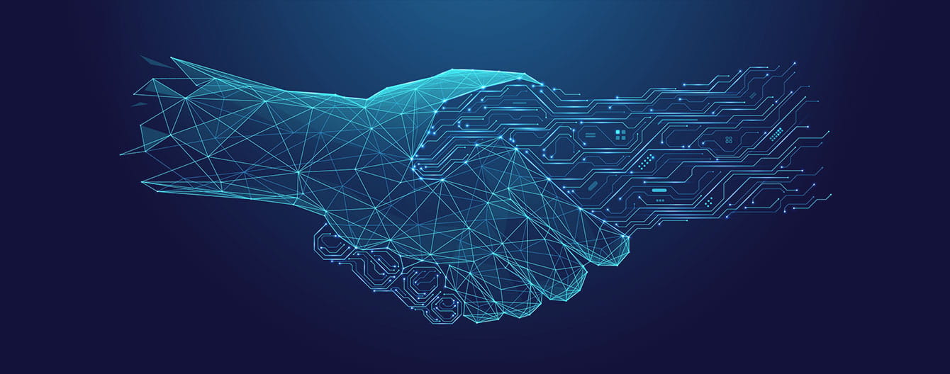 A digital illustration of two hands shaking, with one emerging from a network of circuits, symbolizing technology and collaboration.