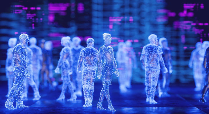 A group of holographic figures walking through a digitally enhanced environment.