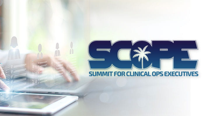 A person using a tablet, with digital figures and data overlays, alongside the "SCOPE" summit logo for clinical ops executives.
