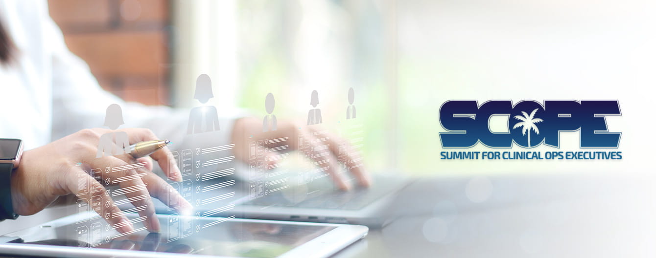 A person using a tablet, with digital figures and data overlays, alongside the "SCOPE" summit logo for clinical ops executives.