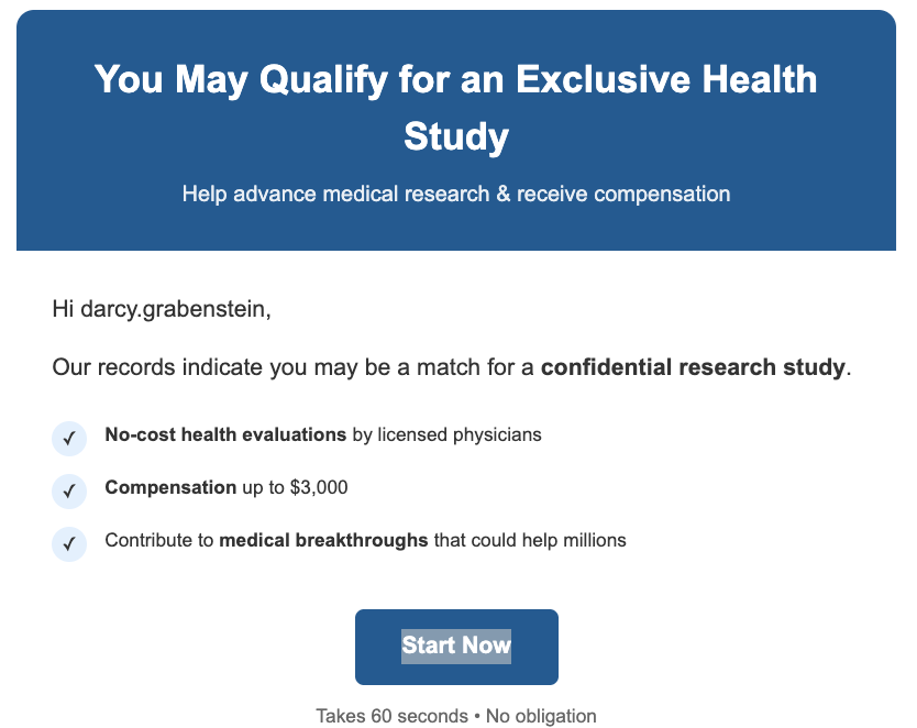 A screenshot of Findclinical email to Darcy Grabenstein.