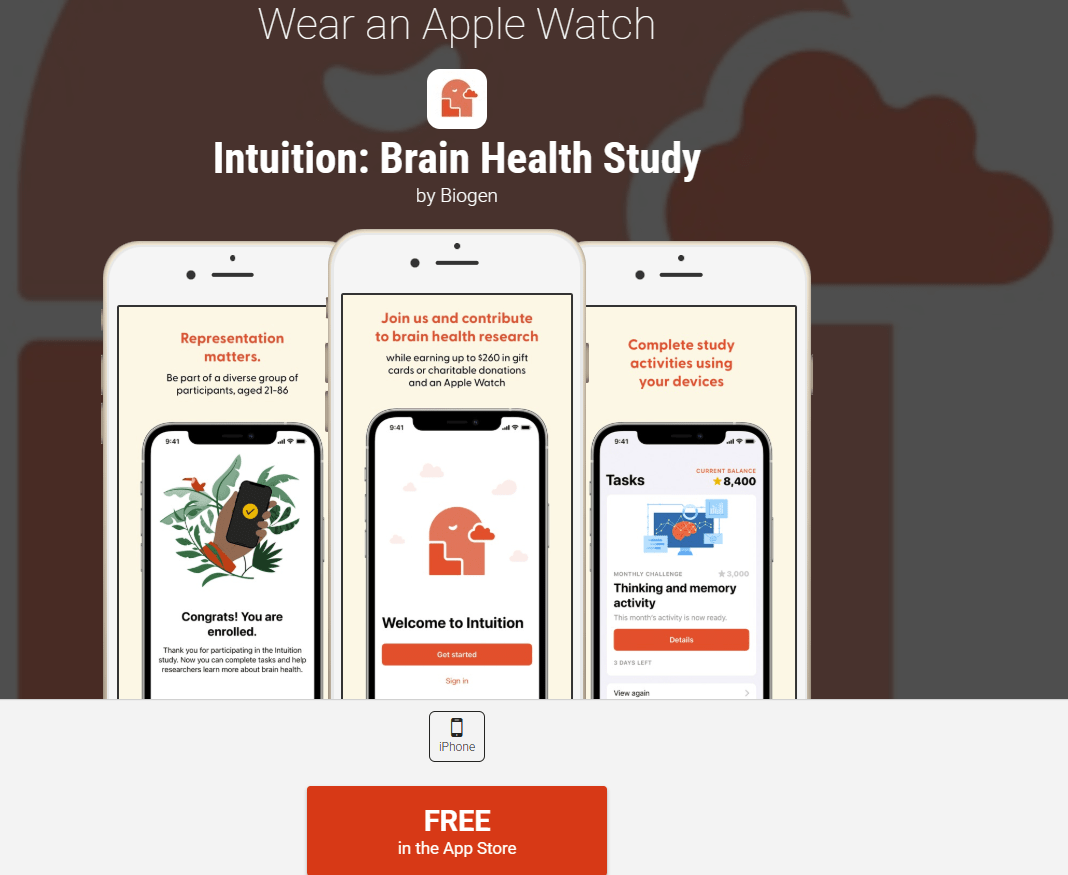 An ad for the Intuition: Brain Health Study app by Biogen, showcasing app features and enrollment details.