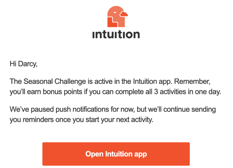 A notification from the Intuition app reminding Darcy about the Seasonal Challenge and bonus points for completing all activities.