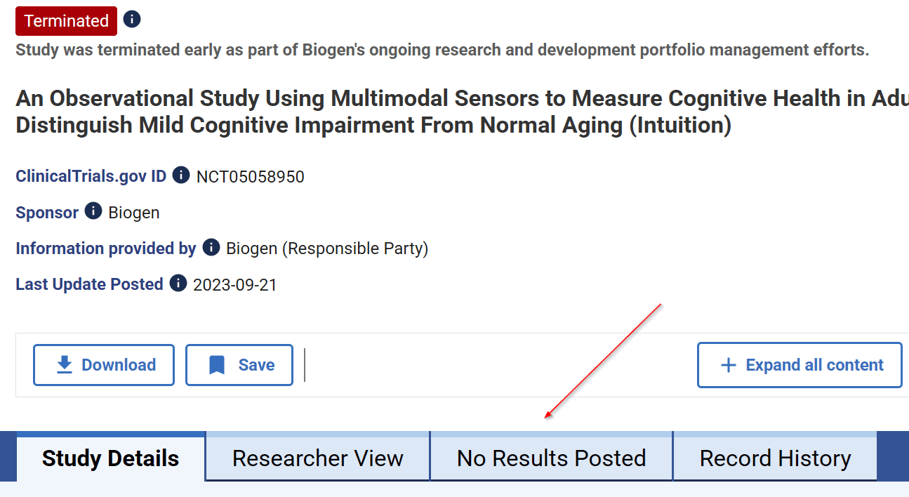 A screenshot of a terminated clinical study on cognitive health by Biogen.