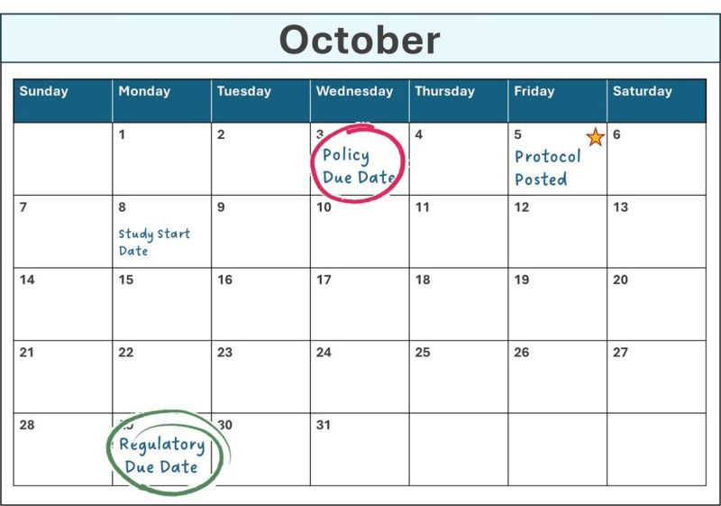 A monthly calendar for October displays key milestones and deadlines marked across different dates.