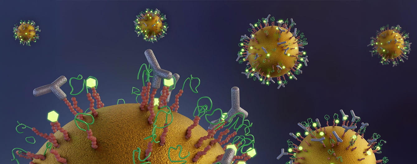A gold nanoparticle conjugates antibodies, proteins, peptides, ligands, linker, polymers and biosensor 3d rendering