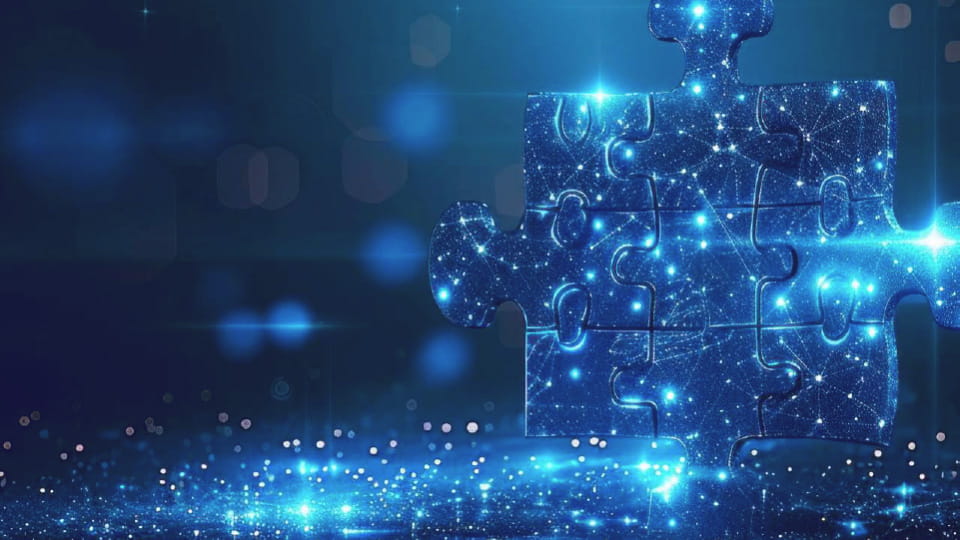 Glowing blue puzzle piece with interconnected network nodes against a dark background.