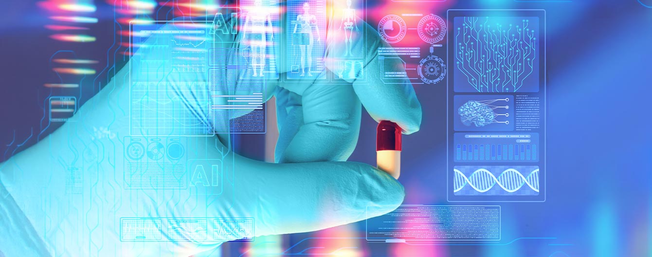 A gloved hand holds a small red and white pill against a high-tech blue background filled with digital interfaces, AI data visualizations, and a DNA helix.