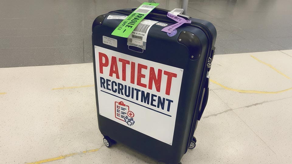 A dark hardside spinner suitcase with a large white sign reading "PATIENT RECRUITMENT"